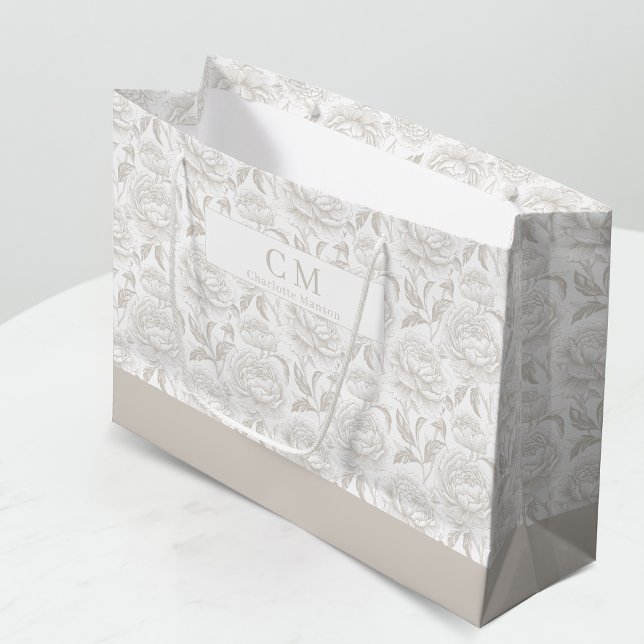 Mjuk Taupe Chinoiserie Peonies Monogram (Skapare uppladdad)