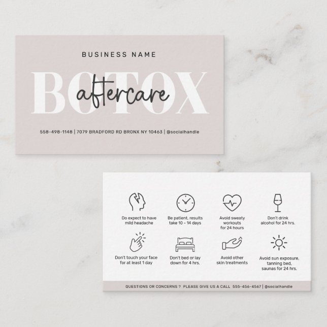 Mjuk Taupe Modern Botox Eftervårdsguide Visitkort (Fram/baksida)