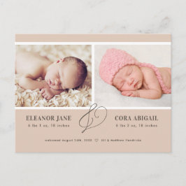 Mjuk Terrakotta Modern Tvilling Födelse Annonserin Vykort