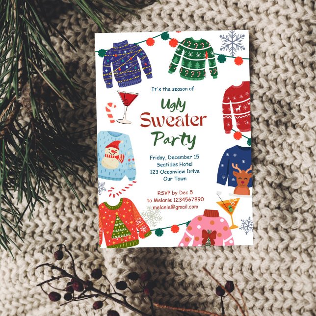 Mjuk, trög jul, party lustigt inbjudningar (Ugly sweater Christmas party funny Invitation editable template instant download office party invite)