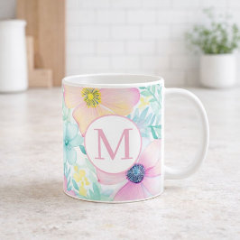 Mjuk vår blomster vattenfärg monogram kaffemugg