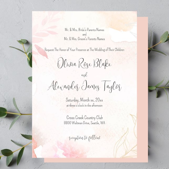 Mjuk vattenfärg,  Blommigt Bröllop Inbjudningar (Soft Watercolor Blush Floral Wedding Invitation)