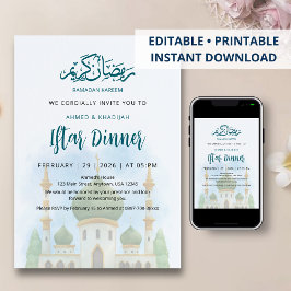 Mjuk Vattenfärg Grön Kupol Moské Iftar-inbjudan Inbjudningar