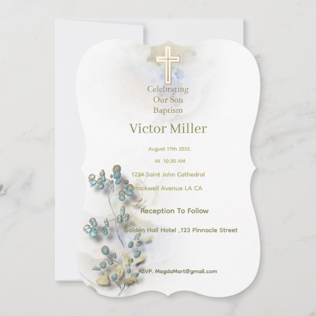 Mjuk vattenfärg och guldfärgad Kor-baptism Inbjudningar (Framsida)