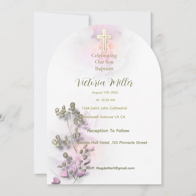 Mjuk vattenfärg och guldfärgad Kor-baptism Inbjudningar (Framsida)