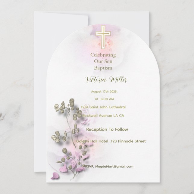 Mjuk vattenfärg och guldfärgad Kor-baptism Inbjudningar (Framsida)