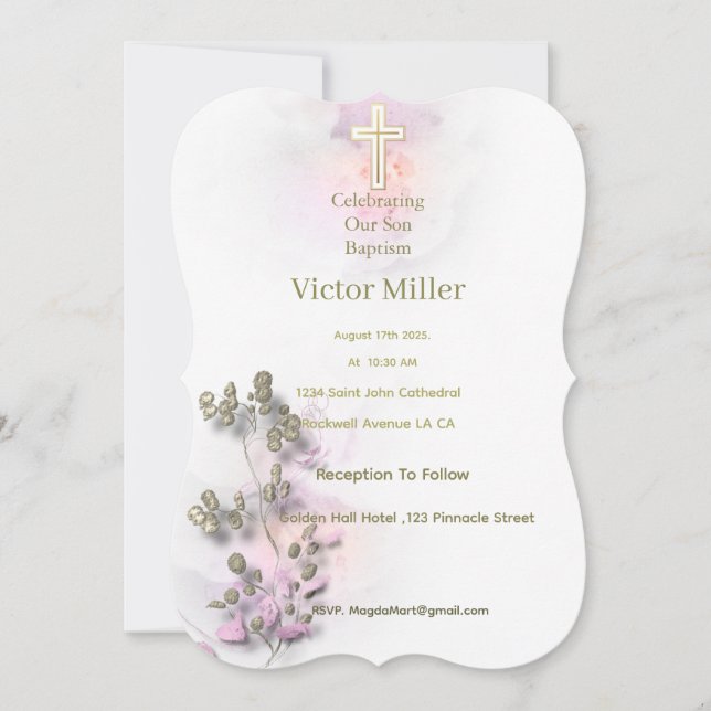 Mjuk vattenfärg och guldfärgad Kor-baptism Inbjudningar (Framsida)