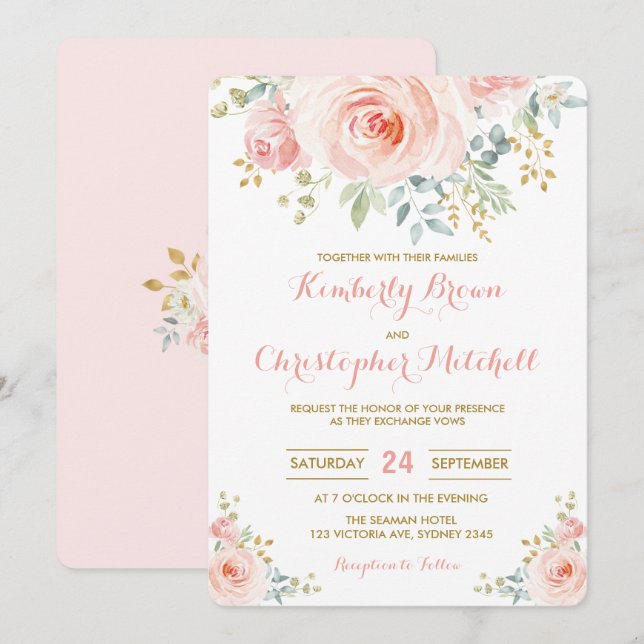 Mjuk Vattenfärg Rosa Blommig Bröllopsfest Inbjudningar (Fram/baksida)
