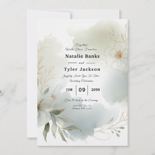 Mjuk vattenfärgad Blommigt Sage Grönt Bröllop Inbjudningar (Framsida)