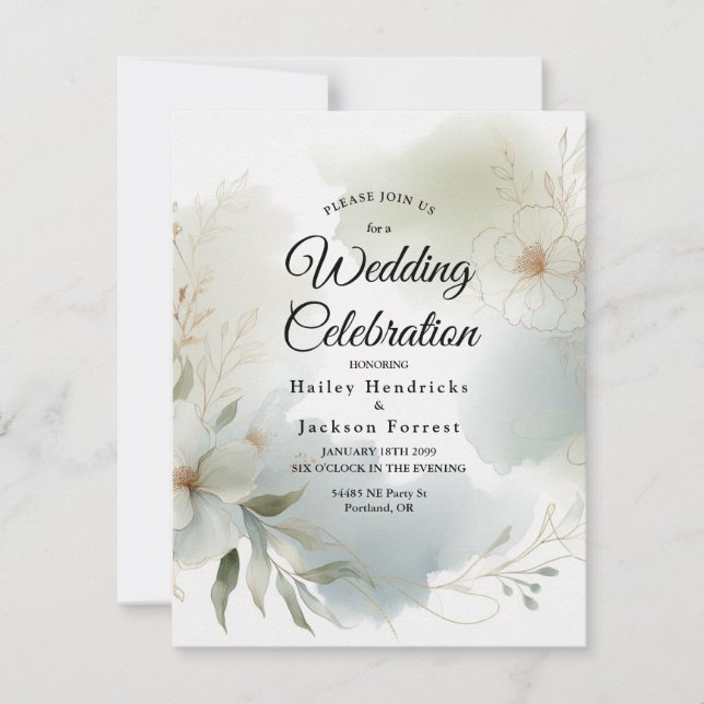 Mjuk vattenfärgad Blommigt Sage Grönt Bröllop Inbjudningar (Framsida)