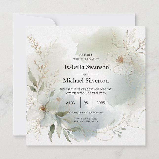 Mjuk vattenfärgad Blommigt Sage Grönt Bröllop Inbjudningar (Framsida)