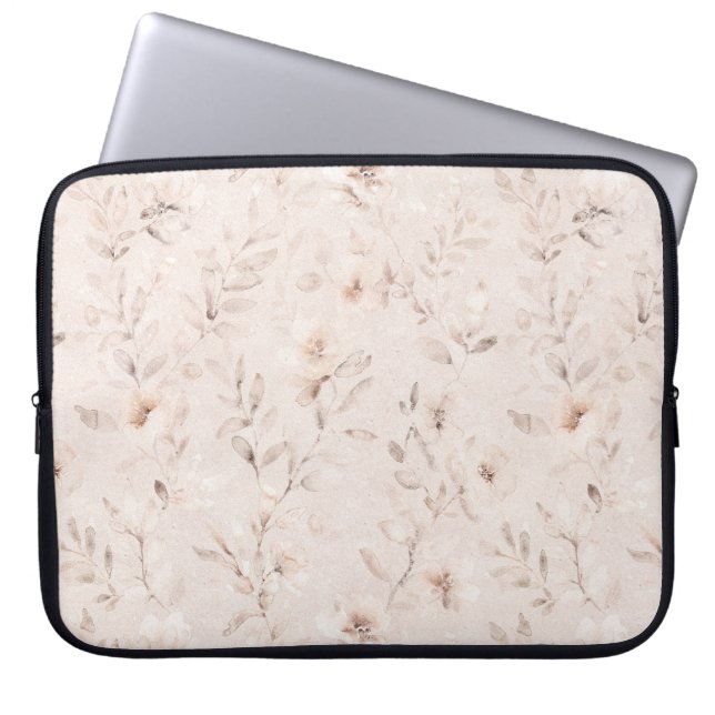 Mjuk vattenfärgsbeige blommigt grenar neutralt laptop fodral (Framsidan)