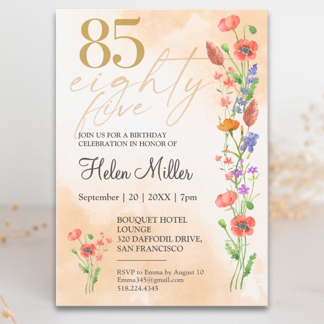 Mjuk Vildblomma 85-årsdag För Henne - 85 År Inbjudningar (Skapare uppladdad)