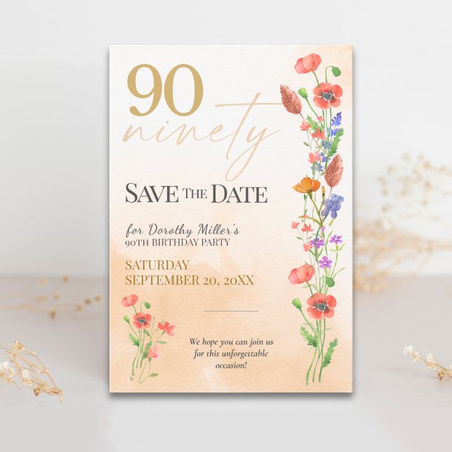 Mjuk Vildblomma 90-årsfirande för Henne - Elegant Spara Datumet (Skapare uppladdad)