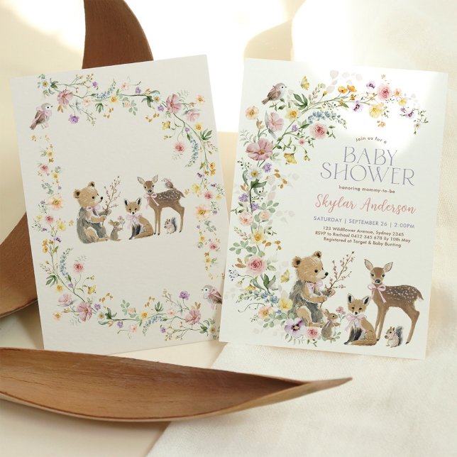 Mjuk vildblomma skogs djur flicka baby shower inbjudningar (Skapare uppladdad)