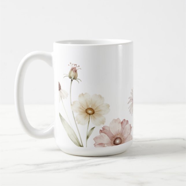 Mjuk Vildblommig Kant Vattenfärg Bakgrund Kaffemugg (Vänster)