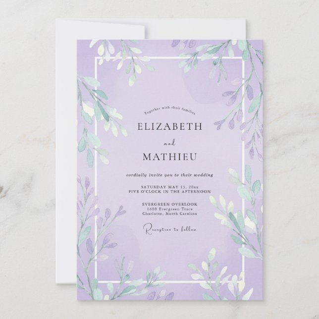 Mjuk Violett Blommig Bröllop Inbjudningar (Framsida)