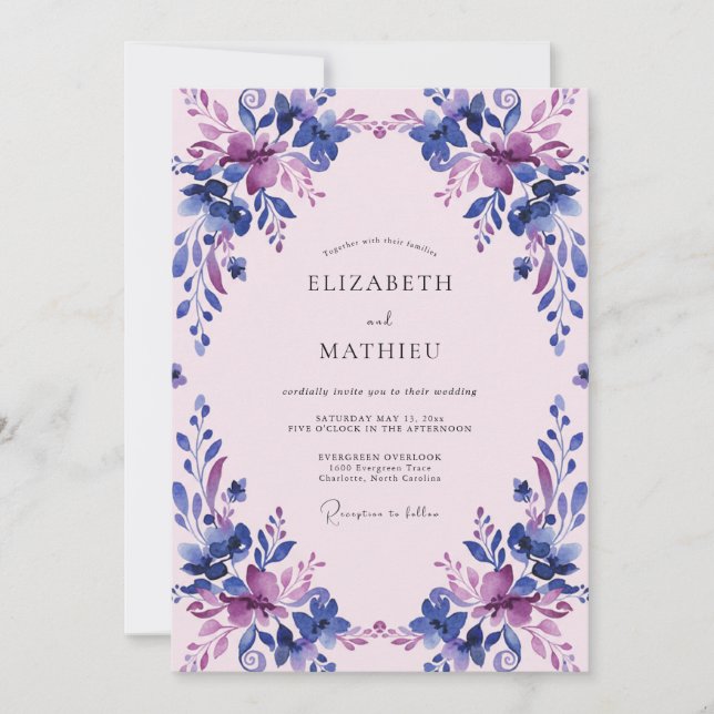 Mjuk Violett Periwinkle Blommande Bröllop Inbjudningar (Framsida)