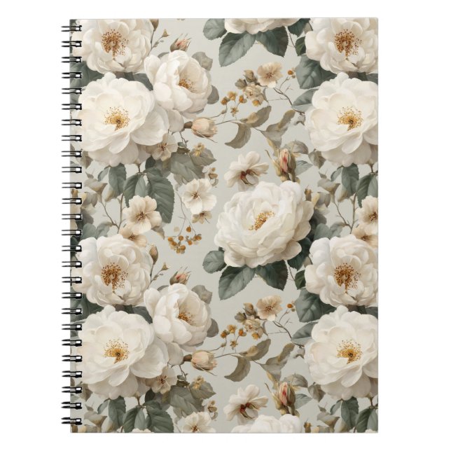 Mjuk vit ros Beige Blommönster  Anteckningsbok (Framsidan)