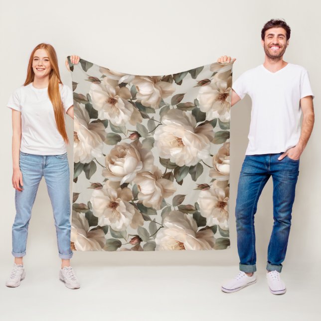 Mjuk vit ros Beige Blommönster  Fleecefilt (På plats)