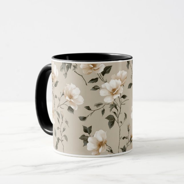 Mjuk vit ros Beige Blommönster  Mugg (Framsida vänster)