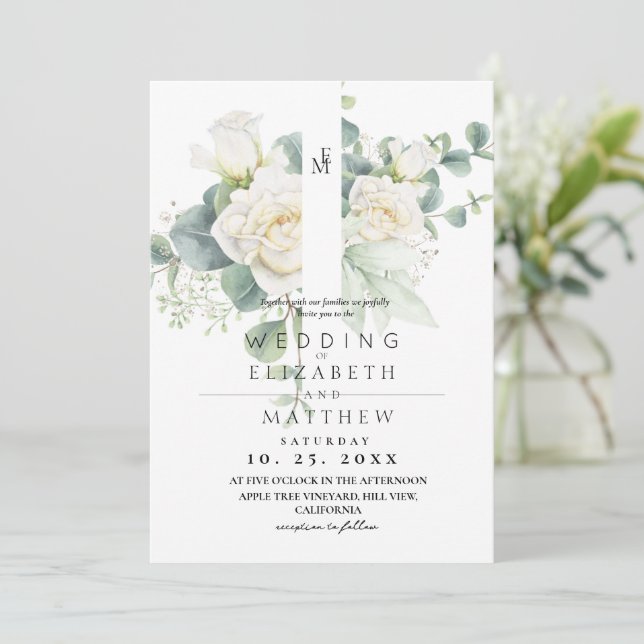 Mjuk vit ros och blommande elegant bröllop inbjudningar (Stående Fram)