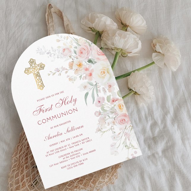 Mjuka akvarellblommor Båge Första Kommunion Inbjudningar (Skapare uppladdad)