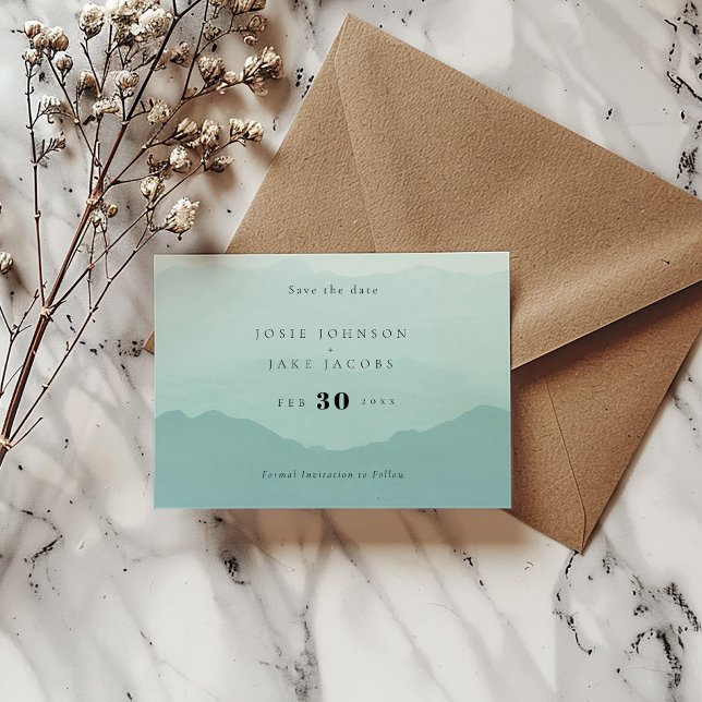 Mjuka berg av grönt spara datumet (Green watercolor mountains modern and bold wedding Save the date card)