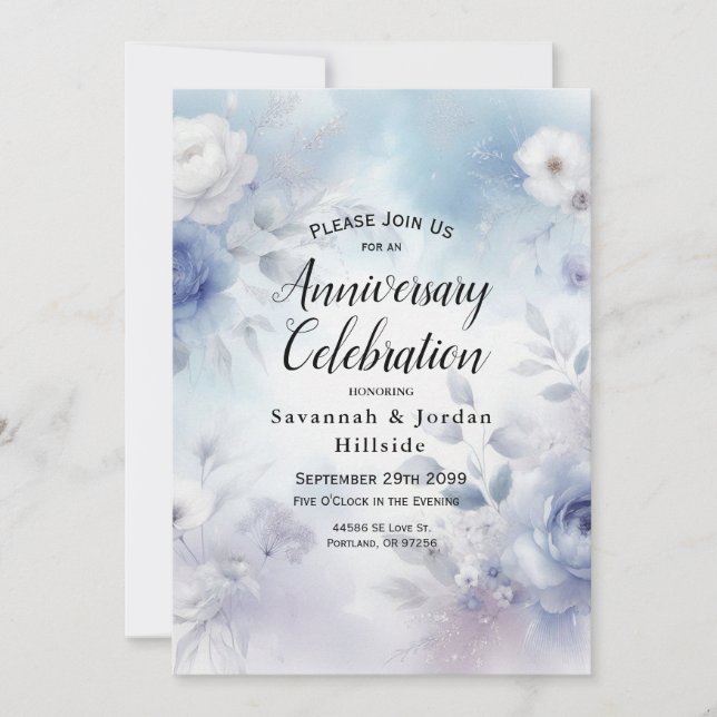 Mjuka blå Blommar och Lavender Mist-årsdag Inbjudningar (Framsida)