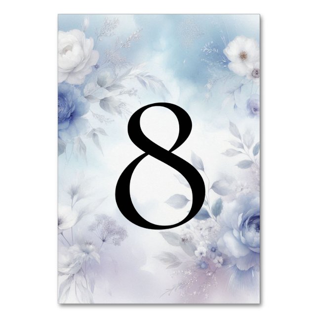 Mjuka blå Blommar och Lavender Mist Bröllop Bordsnummer (Framsidan)