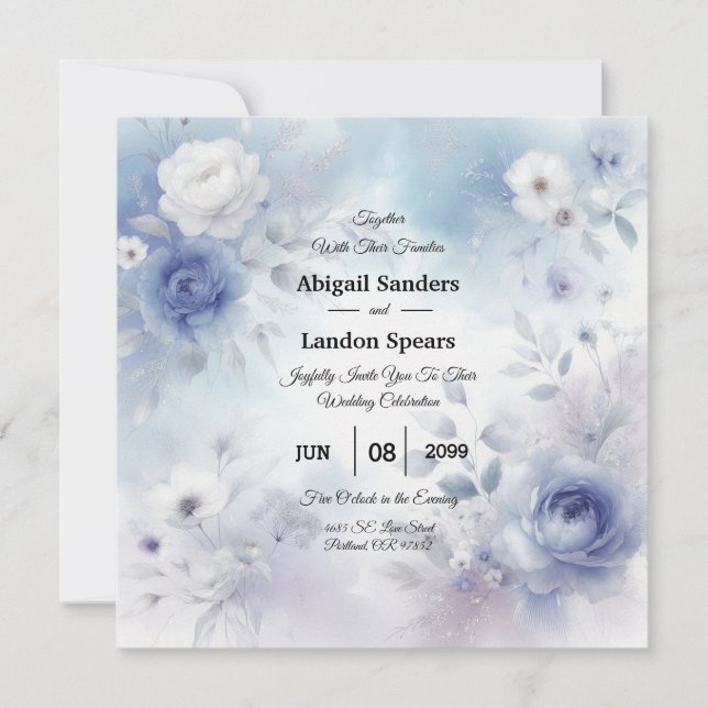 Mjuka blå Blommar och Lavender Mist Bröllop Inbjudningar (Framsida)