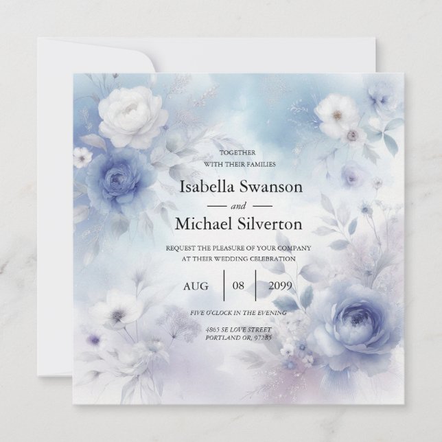 Mjuka blå Blommar och Lavender Mist Bröllop Inbjudningar (Framsida)