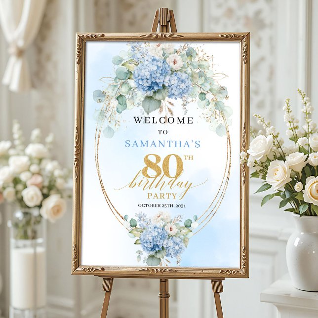 Mjuka Blå Blommor & Guldaccent 80-årsdag  Poster (Soft Blue Florals & Gold Accents 80th birthday welcome)