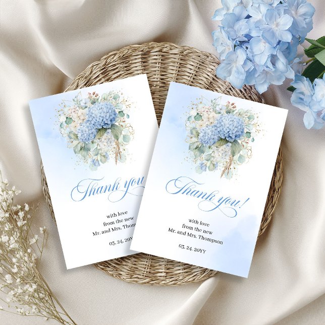 Mjuka Blå Hortensior Eukalyptus Bröllop tack  Kort (Soft Blue Hydrangeas Eucalyptus Wedding thank you card)
