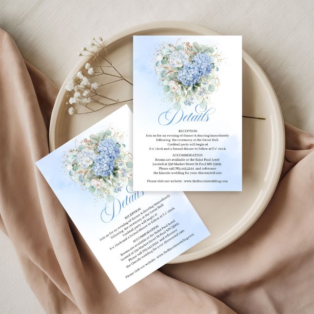 Mjuka Blå Hortensior Guld Bröllopsdetaljkort OSA Kort (Soft Blue Hydrangeas Gold Wedding Details Card)