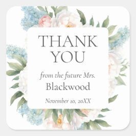 MJUKA BLÅ PINKA BLOMMOR BRUD KÄRA TACK FYRKANTIGT KLISTERMÄRKE