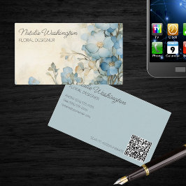 Mjuka blå vattenfärger jodblommor med QR-kod Visitkort