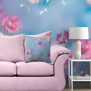 Mjuka blåa blommor av rosa silke grönt löv kudde