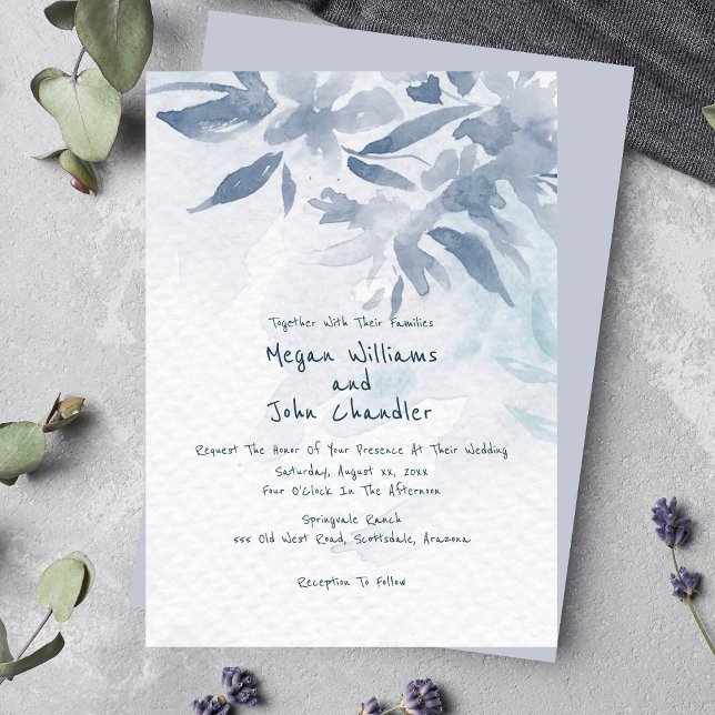 Mjuka blåfärgsfärger Löv Bröllop Inbjudningar (Soft Blue Watercolor Leaves Wedding Invitation)
