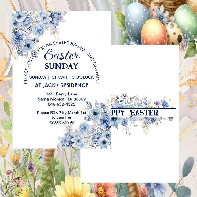 Mjuka blåpastellblommor Vild Flowers Påsk Söndag P Inbjudningar (Soft Blue Pastel Wild Flowers Easter Sunday Party Invitation)