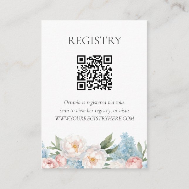 Mjuka blått och Rosa FLOWERS QRCODE REGISTRY Tilläggskort (Framsida)
