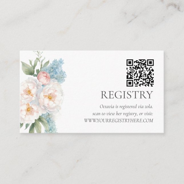 Mjuka blått och Rosa FLOWERS QRCODE REGISTRY Tilläggskort (Framsida)