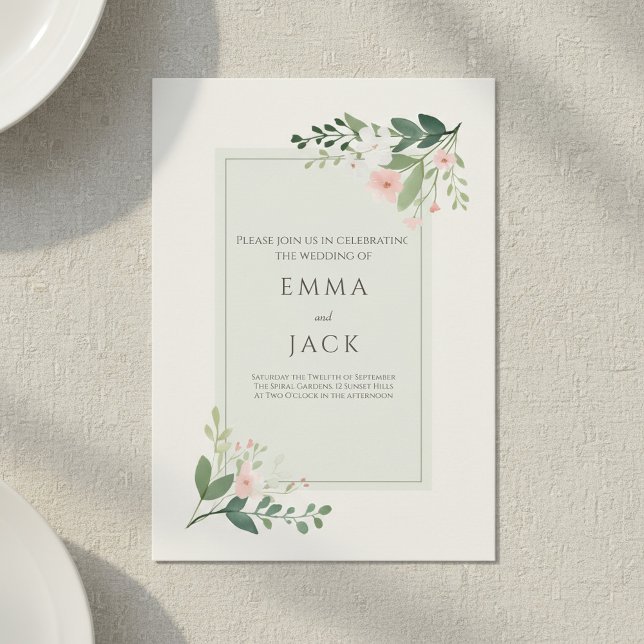 Mjuka Blommigtar Grönten Beige Elegant bröllop Inbjudningar (Soft Floral Corners Green Beige Elegant wedding Invitation.)