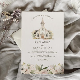 Mjuka Blommigtar och Vintage kyrka Chapel Bröllop Inbjudningar