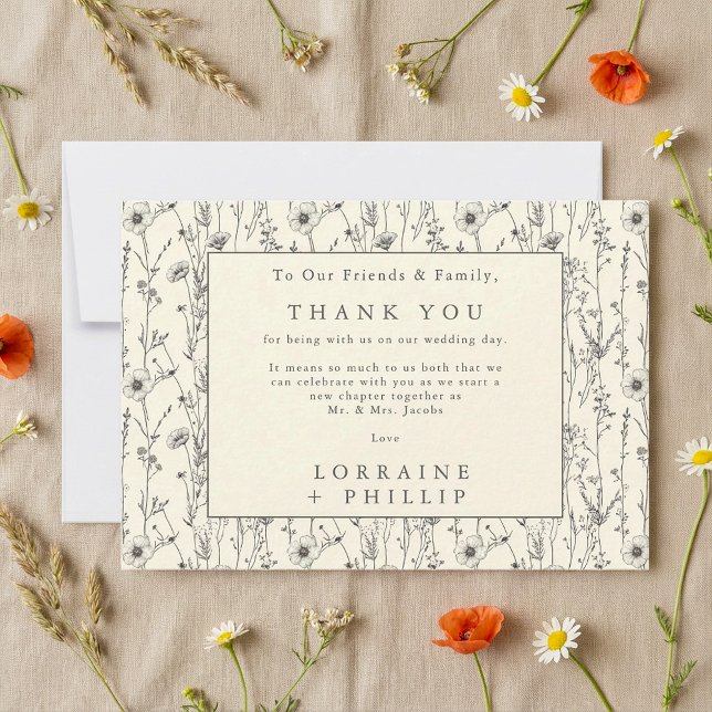 Mjuka blommor av vild, sömlös, mönster bröllop tack kort (Soft wild flowers seamless pattern wedding thank you card.)