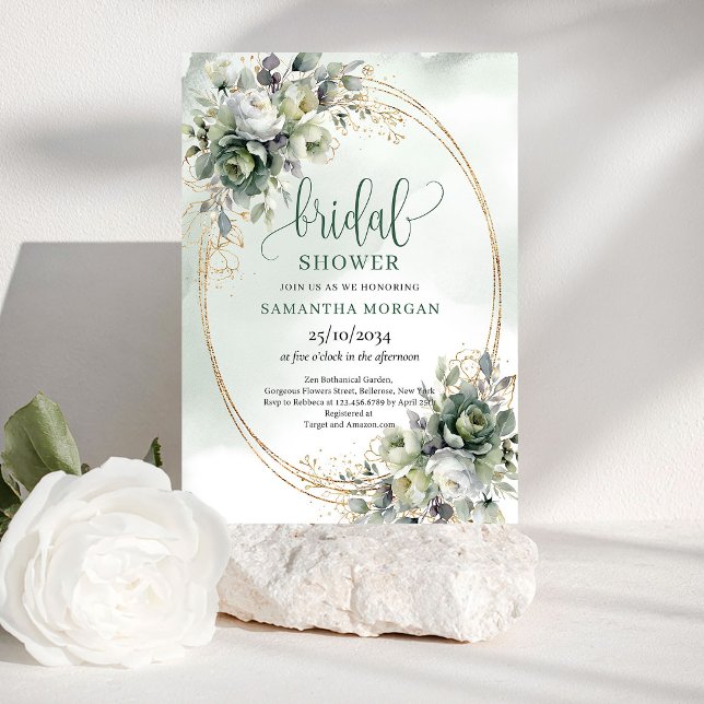 Mjuka botaniska dammiga gröna bröllopsdusch-inbjud inbjudningar (Soft Botanical Dusty Green Bridal Shower Invitation)