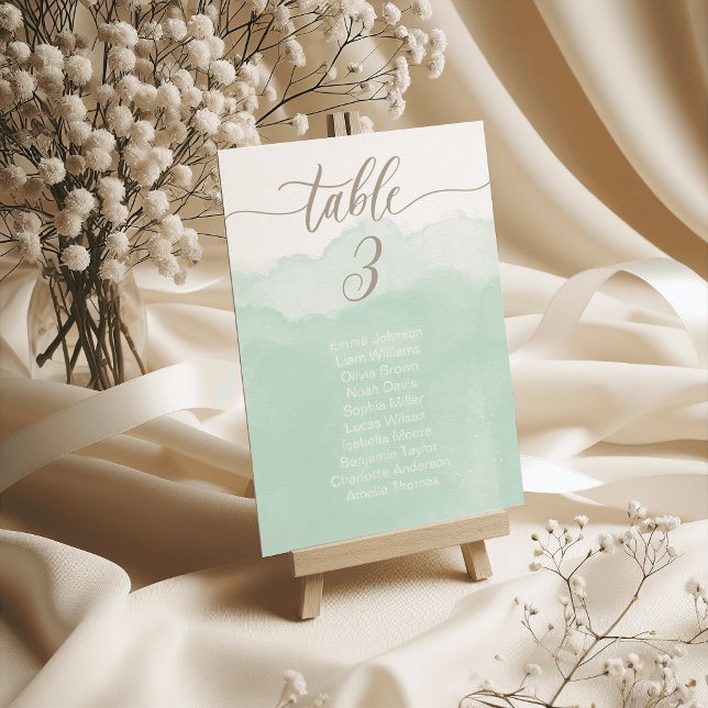 Mjuka gröna akrylmålade bröllopsbordskort platsind bordsnummer (Soft Green Watercolor Wedding Table Cards Seating)
