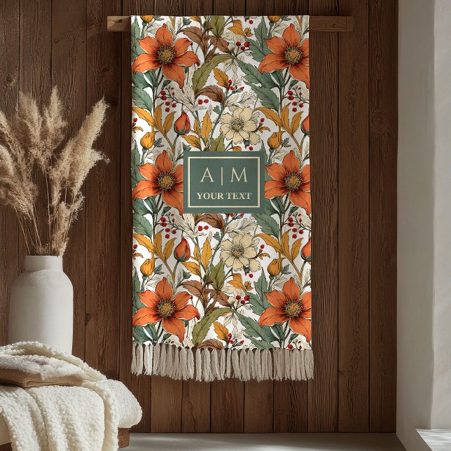 Mjuka höstblommor Olivgrön Terrakottaaccent   Fleecefilt (Soft Fall Flowers Olive Green Terracotta Accent Blanket)
