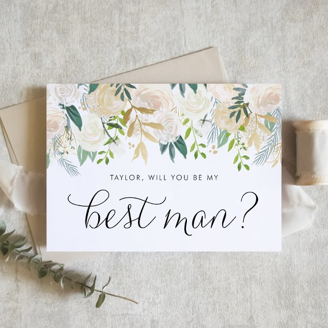 Mjuka ivoriablommor blir du min bästa man (Elegant Best Man proposal card with watercolor flowers in neutral shades and greenery.)