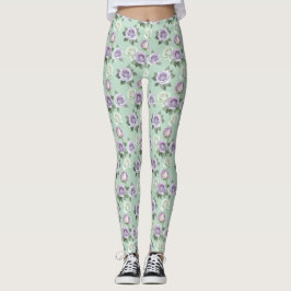 Mjuka lila och vita rosor med vattenfärgs effekter leggings